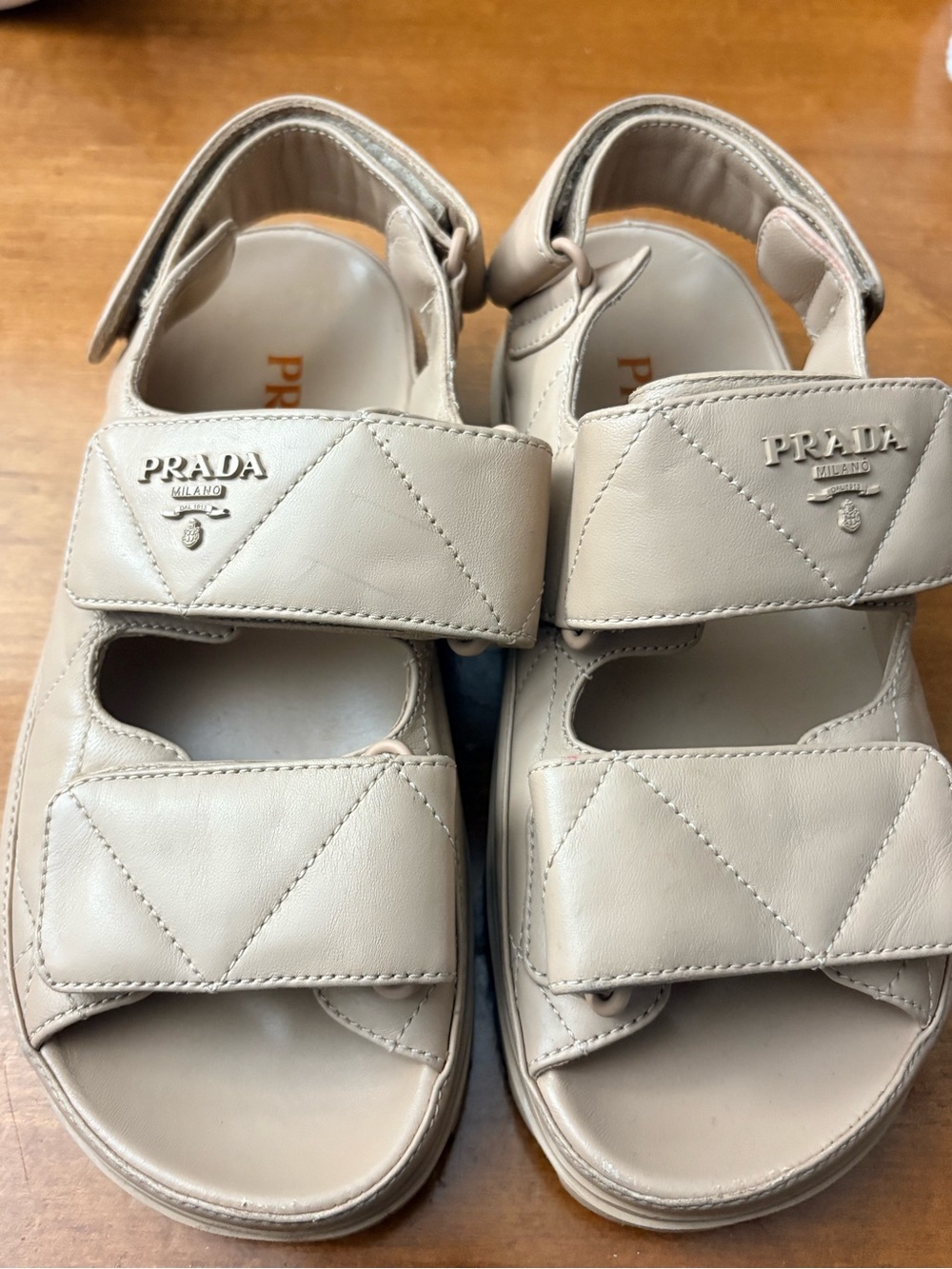 Prada Cream Leather Velcro Sandals